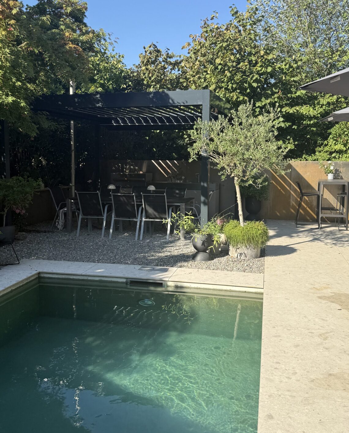 Garten mit Lamellen Pergola und Sichtschutzwand von REy Metall GmbH